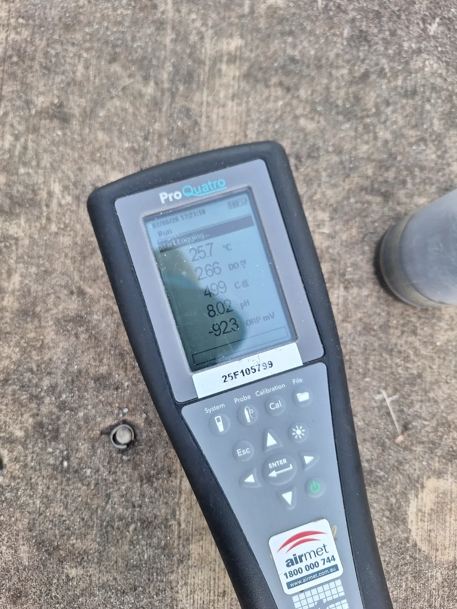 Multiparameter field meter displaying pH, ORP and other water measurements